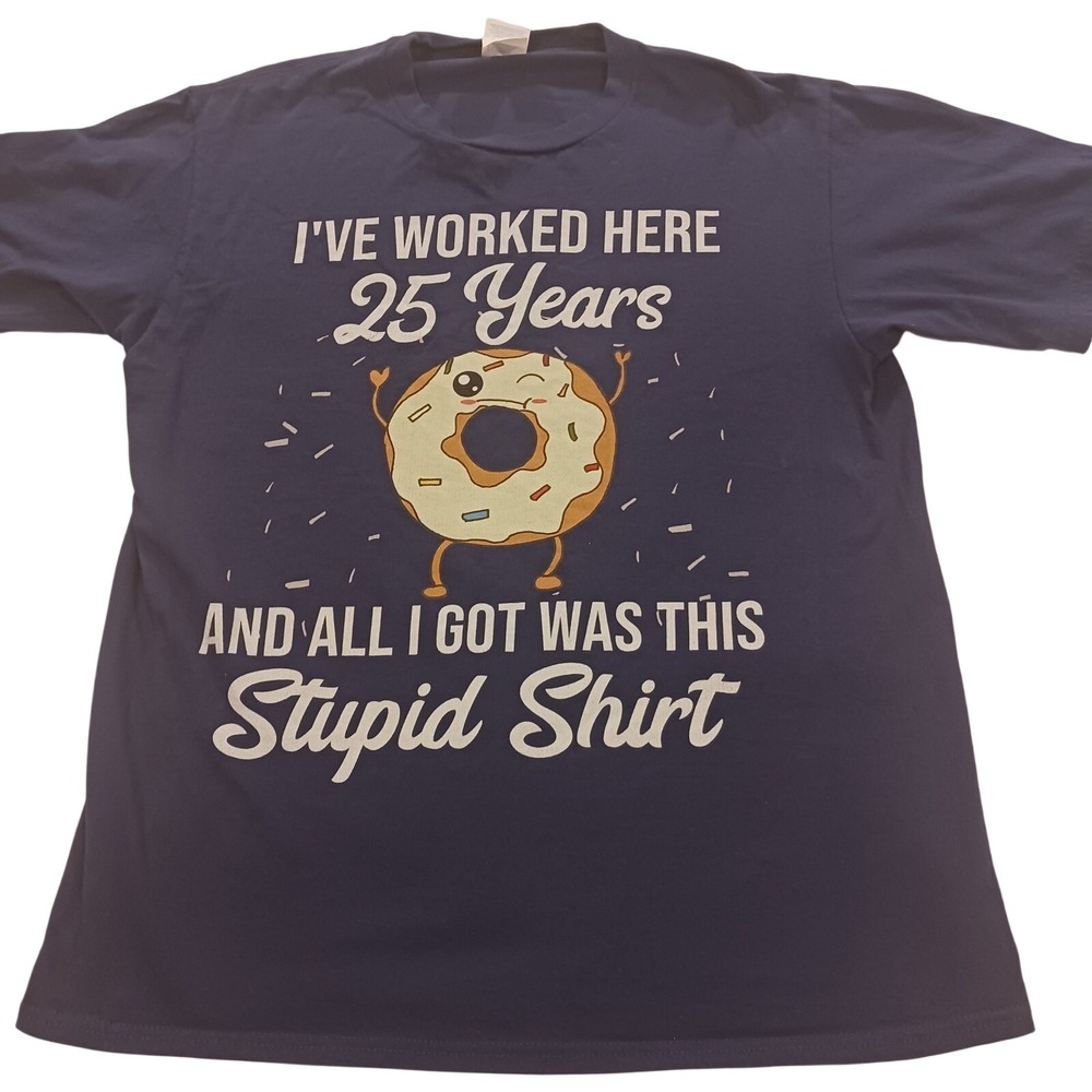 Funny 25 Years Worked Donut Graphic T-Shirt Mens Medium Navy Blue Office Tee